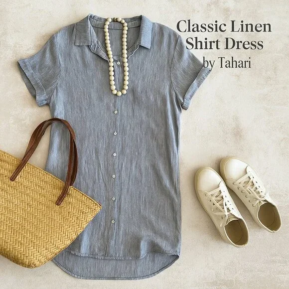 Tahari 100% Linen Stripe Shirt Dress Blue White Size S - Picture 13 of 13